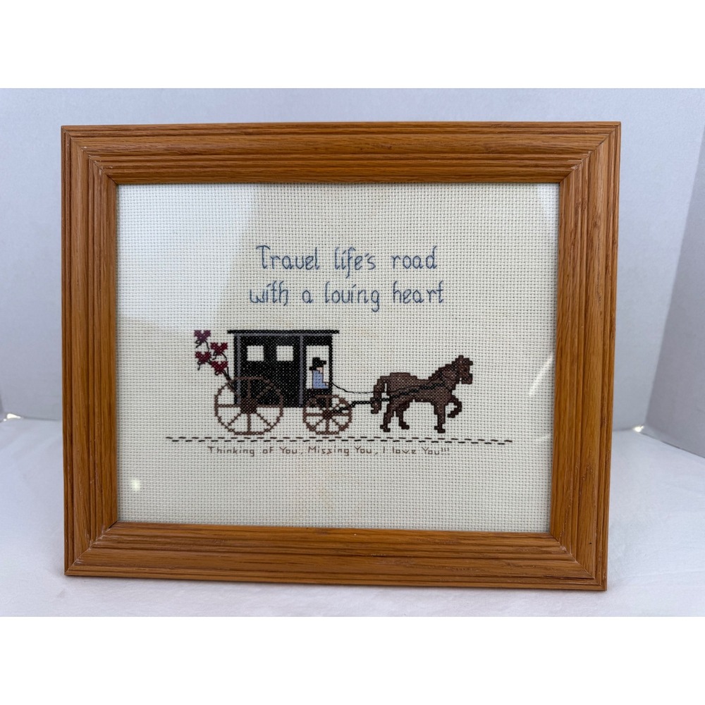 Vintage Granny Cottage Country Framed Cross Stitch Horse Carriage Wall Art Oak